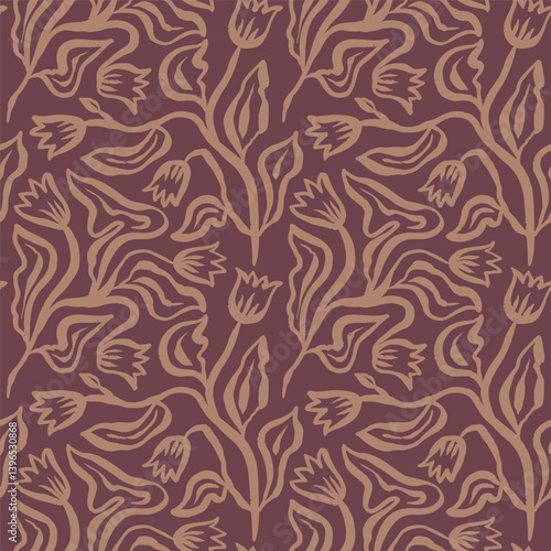 Brush strokes inky flowers brown seamless pattern. Abstract floral contemporary background. Textured botanical minimalist wallpaper