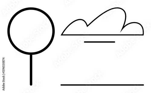 Circular tree outline, curved cloud shape, and two horizontal lines for abstract natural scenery. Ideal for minimalism, nature, eco-concept, landscape, simplicity, design clarity flat simple