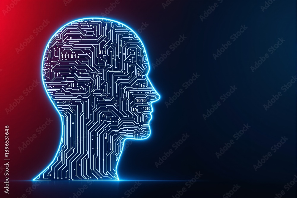 Obraz premium Digital human head silhouette with circuit board pattern.