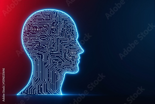 Digital human head silhouette with circuit board pattern.
