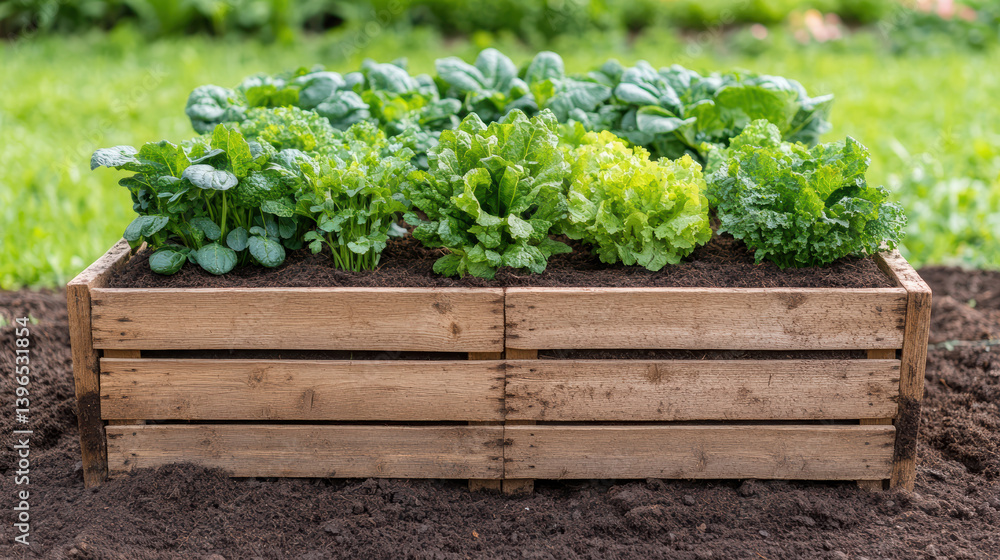 Fresh greens in wooden planter box create vibrant garden scene Fresh greens in wooden planter box create vibrant garden scene