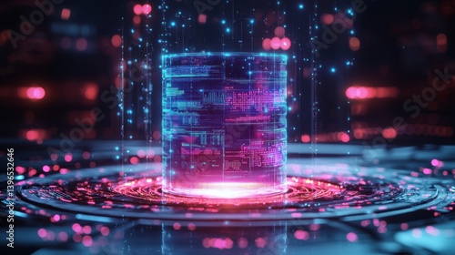A digital cylinder radiates vibrant colors, surrounded by glowing particles, evoking themes of technology and data visualization.