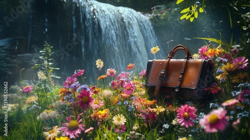 Leather bag surrounded by flowers near a waterfall in a lush environment.