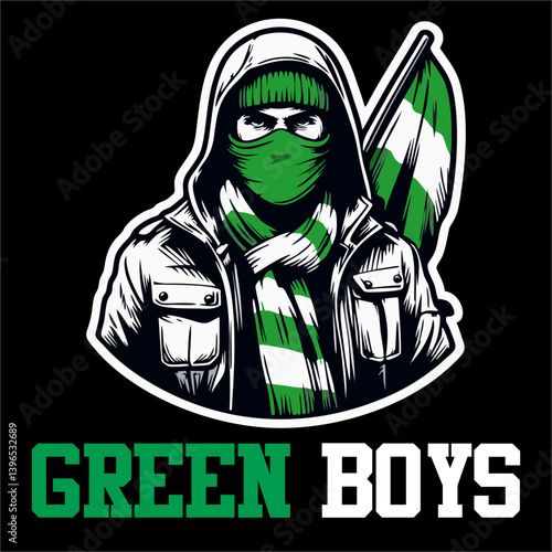 A Vector Illustration of Football fans ultras hooligans with green white color