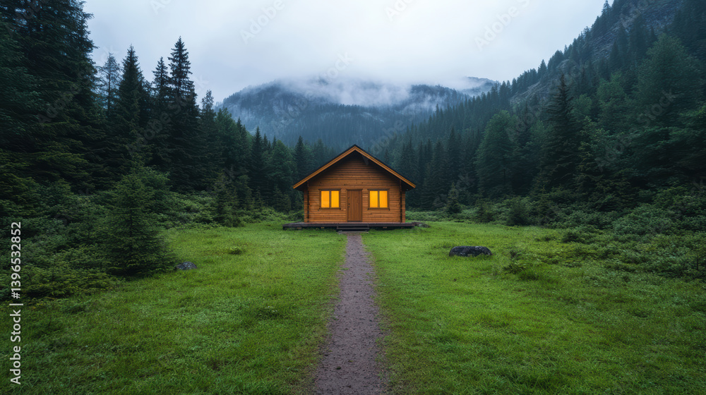Cozy cabin with glowing windows in serene forest landscape during twilight Cozy cabin with glowing windows in serene forest landscape during twilight