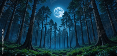 A serene forest scene featuring tall, lush trees silhouetted against a clear night sky, with a bright, glowing full moon casting soft light through the branches.