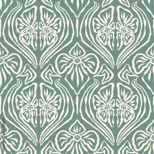 Monochrome green brush strokes inky flowers seamless pattern damask style. Abstract modern floral background. Textured botanical minimalist wallpaper