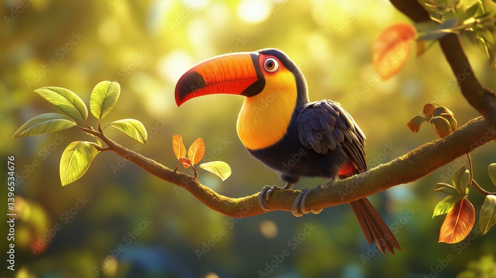 Obraz premium Colorful toucan perched on a branch in a vibrant forest during sunrise