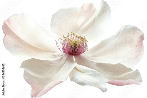 Close-up of a White Flower with Pink Center on White Background
