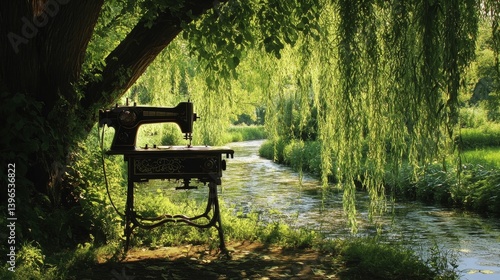 Sewing machine stands near a stream under a tree with green foliage.