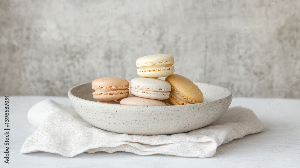 Delicate macarons arranged in bowl on linen cloth, creating serene dessert scene Delicate macarons arranged in bowl on linen cloth, creating serene dessert scene