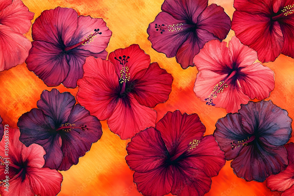 Obraz premium Vibrant hibiscus blooms in a colorful, artistic display.