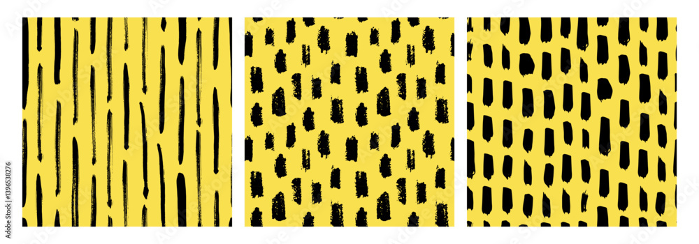 Seamless hand drawn patterns with bold brush strokes on a yellow background. Abstract black stripes, spots, and dash textures. Playful doodle grunge style perfect for fabric, wrapping, and decor.