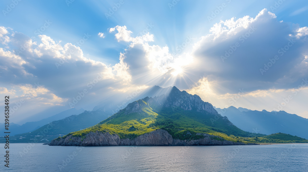 Dramatic sunbeams illuminate mountain island surrounded by water and clouds Dramatic sunbeams illuminate mountain island surrounded by water and clouds
