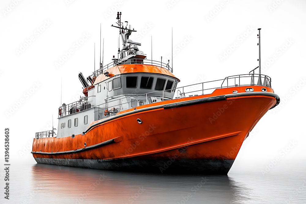Fototapeta premium Orange And White Maritime Service Vessel In Calm Water Against A White Background
