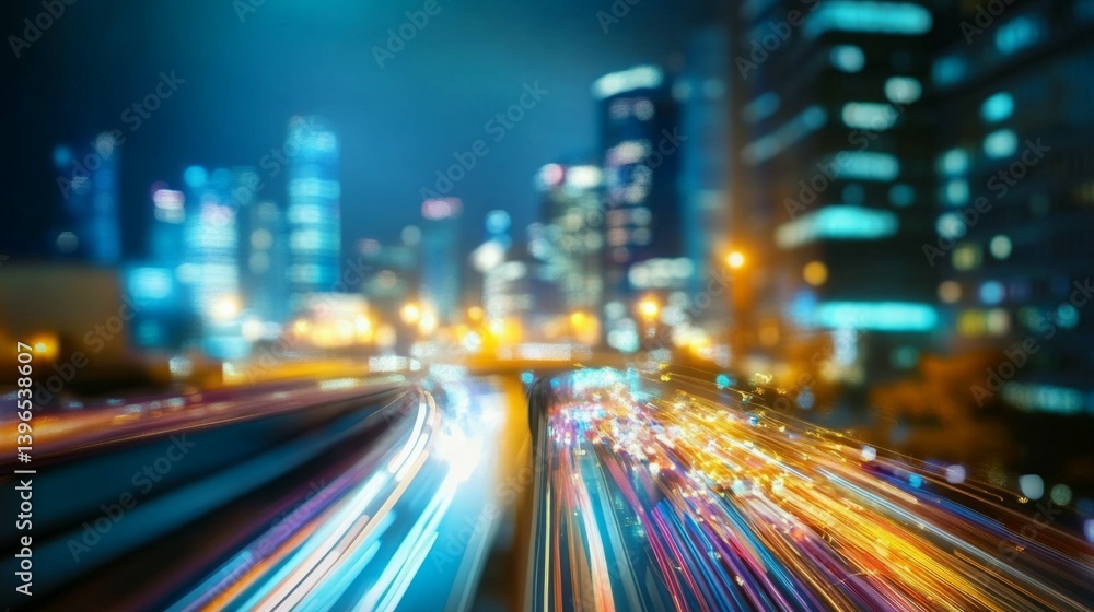 Fototapeta premium Vibrant city lights streak across the night.