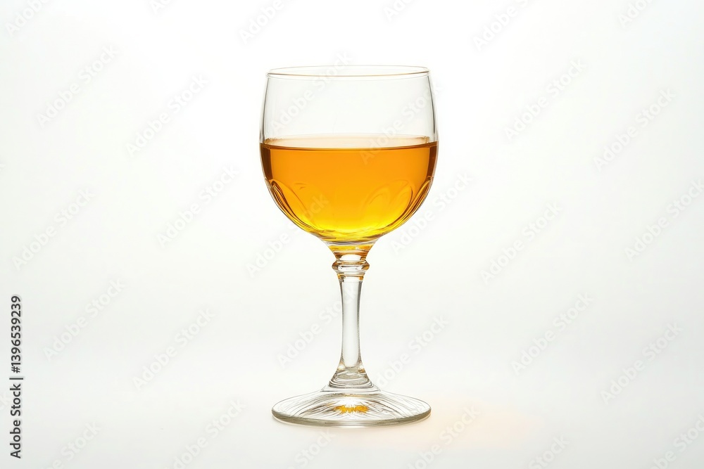 Serving of Amber Liquid in Elegant Clear Wine Glass on White Serving of Amber Liquid in Elegant Clear Wine Glass on White