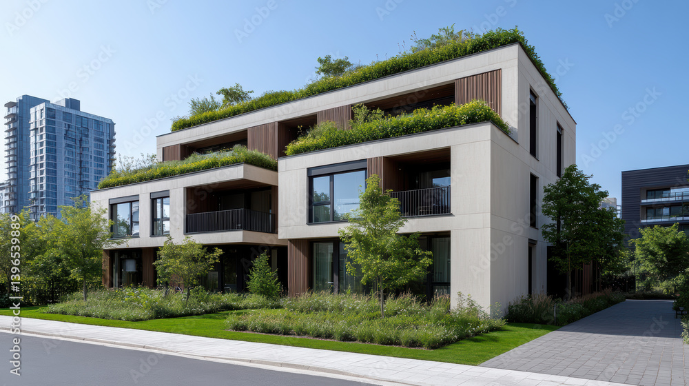 Eco friendly urban housing with green roofs and modern design, surrounded by greenery Eco friendly urban housing with green roofs and modern design, surrounded by greenery