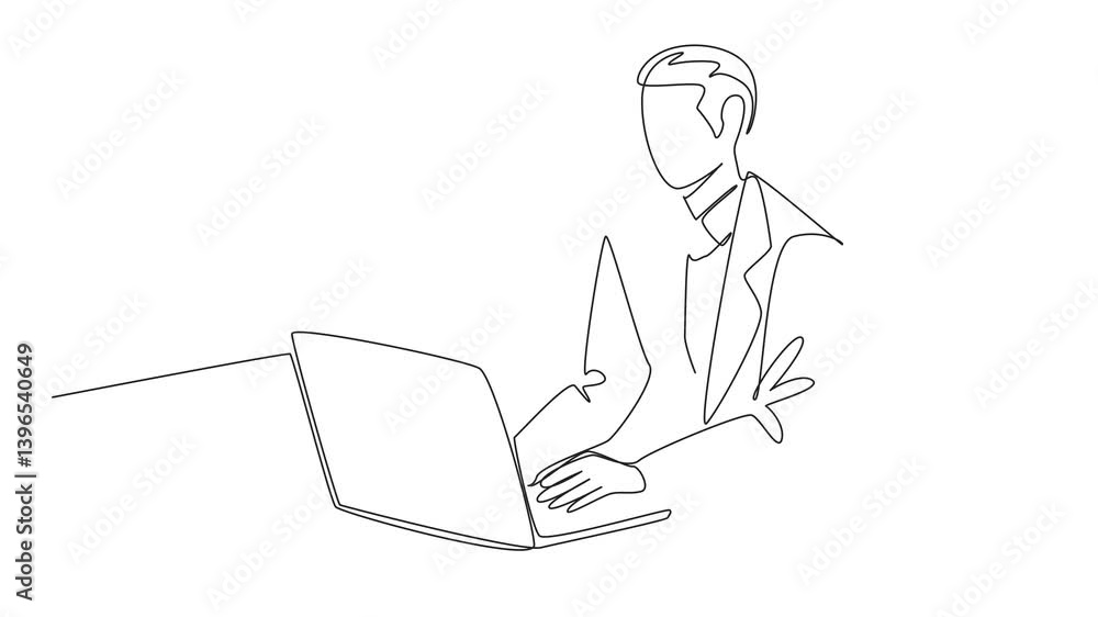 Self drawing animation of single line drawing male auctioneer in suit and tie typing on laptop. Online auction with limited participants by invitation. National Auctioneers Day. Full length animated Self drawing animation of single line drawing male auctioneer in suit and tie typing on laptop. Online auction with limited participants by invitation. National Auctioneers Day. Full length animated