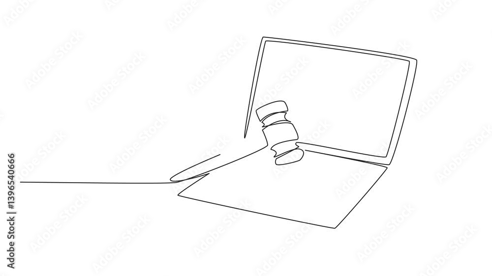 Animation of continuous one line drawing wooden hammer and pad on top of laptop. The latest future technology laptops. National Auctioneers Day. Single line self drawing animated. Full length motion Animation of continuous one line drawing wooden hammer and pad on top of laptop. The latest future technology laptops. National Auctioneers Day. Single line self drawing animated. Full length motion
