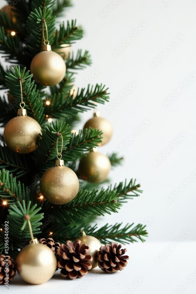 Elegant Christmas tree, pine cones, and glittering decorations on white backdrop , sparkle, pine Elegant Christmas tree, pine cones, and glittering decorations on white backdrop , sparkle, pine