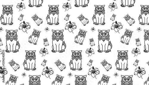 Simple line drawing pattern background of Shisa and Hibiscus
