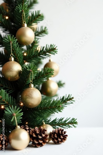 Elegant Christmas tree, pine cones, and glittering decorations on white backdrop , sparkle, pine