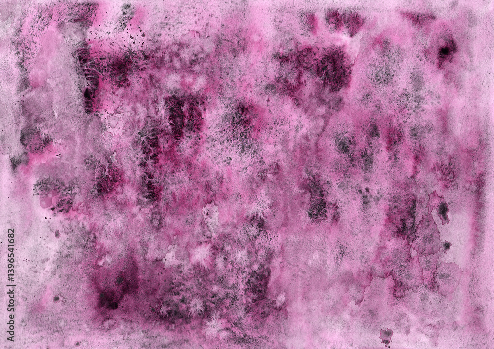 Abstract lilac watercolor background with black granulation. Maroon, purple, and pink textured design. Artistic gradient wash, perfect for prints, branding, packaging, or digital projects