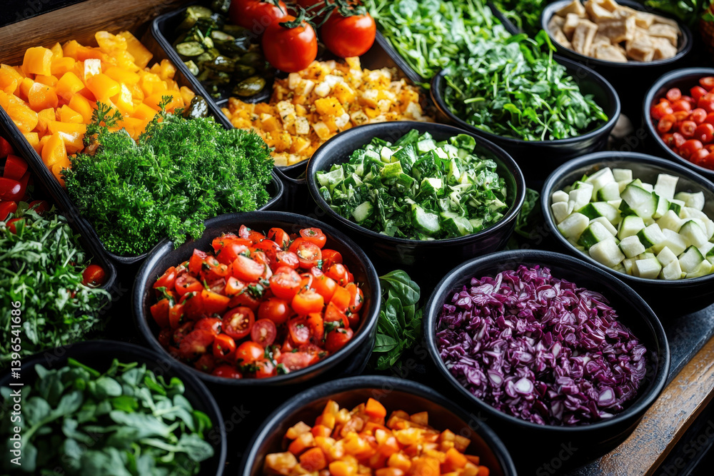 Bowls filled with vibrant vegetables - tomatoes, carrots, and kale - arranged artfully on a wooden table, showcasing freshness and healthy eating. Bowls filled with vibrant vegetables - tomatoes, carrots, and kale - arranged artfully on a wooden table, showcasing freshness and healthy eating.