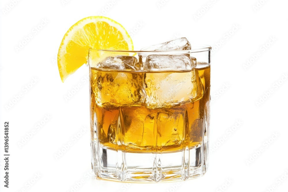 Whiskey Drink with Ice Cubes and Lemon Slice on White Background Whiskey Drink with Ice Cubes and Lemon Slice on White Background