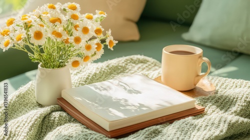 Cozy Still Life with White Daisies Coffee and Book on Green Knit Blanket with Green Sofa at Soft Sunlight