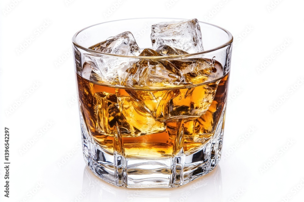 Whiskey in Glass with Ice Cubes on White Background Refreshment Whiskey in Glass with Ice Cubes on White Background Refreshment