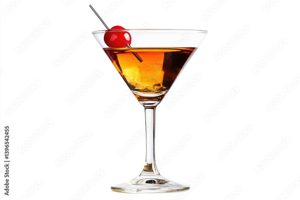 Manhattan Cocktail in Glass Garnished with Cherry on White Background Manhattan Cocktail in Glass Garnished with Cherry on White Background