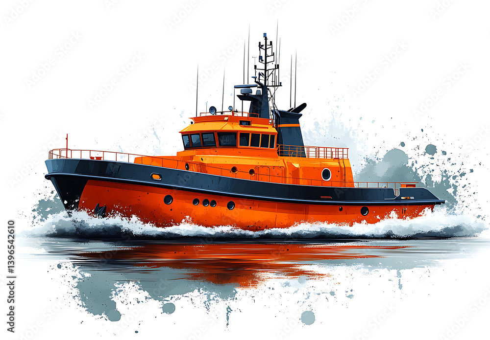 Fototapeta premium Orange And Gray Tugboat Illustration Cutting Through The Water With Splash Effects
