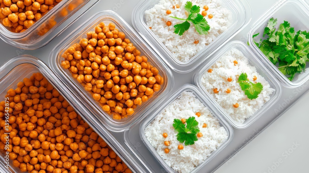 Prepped food containers: chickpeas, rice, fresh herbs for healthy balanced meal planning and convenient eating.