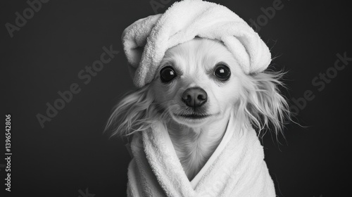 A fluffy white dog wearing a towel turban against a dark background, looking directly at the viewer. Adorable and cozy!