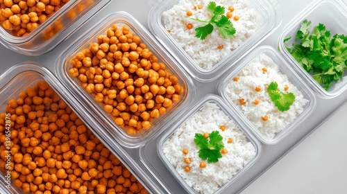 Obraz na płótnie Prepped food containers: chickpeas, rice, fresh herbs for healthy balanced meal planning and convenient eating. w salonie