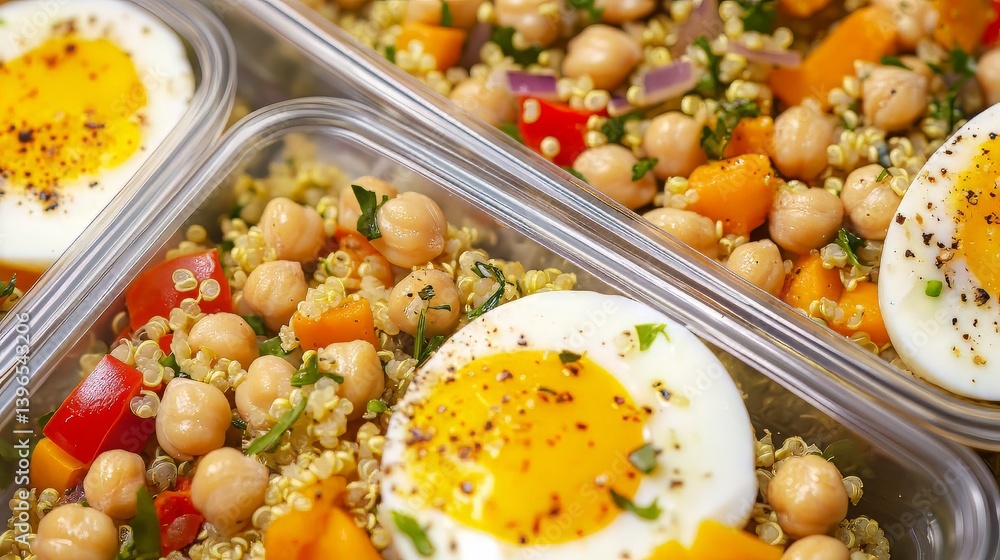 Healthy meal prep: Quinoa salad with chickpeas, vegetables, and a boiled egg, ready for on-the-go nutrition.