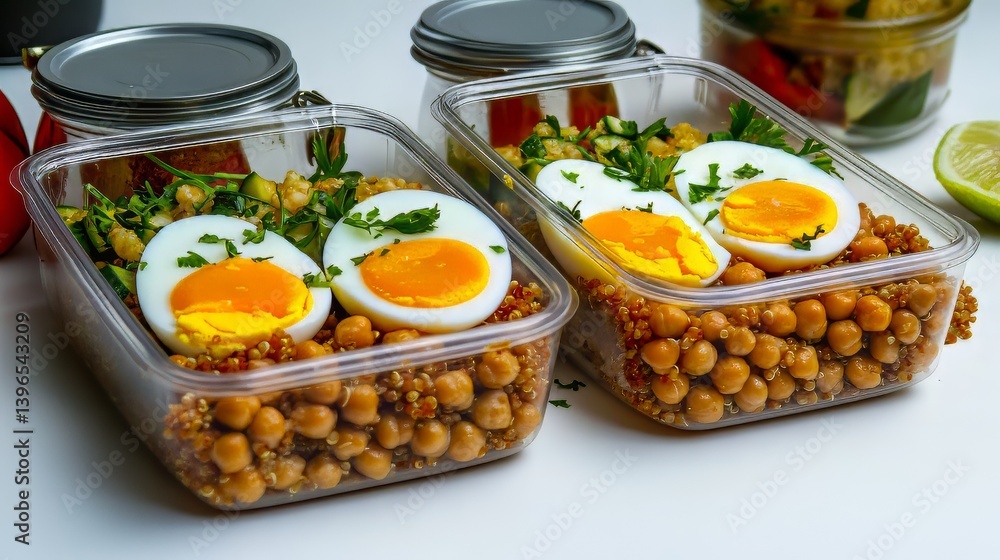 Meal prep containers: Quinoa, chickpeas, and boiled eggs for healthy eating and portion control.