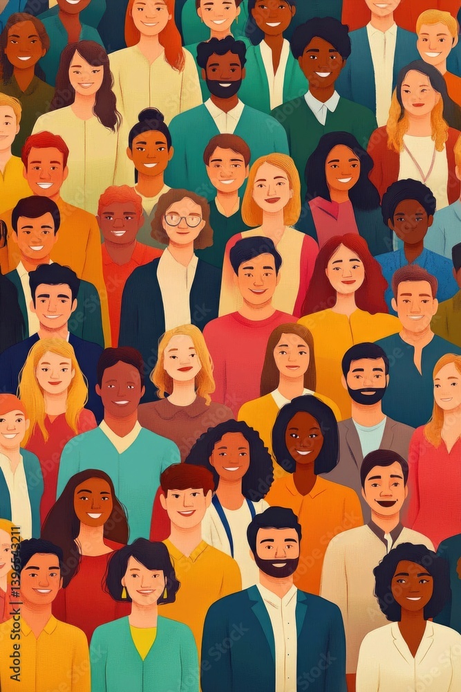 Illustration Large group of multi ethnic people of different ages, men and women, dressed in bright and colorful business casual attire Illustration Large group of multi ethnic people of different ages, men and women, dressed in bright and colorful business casual attire