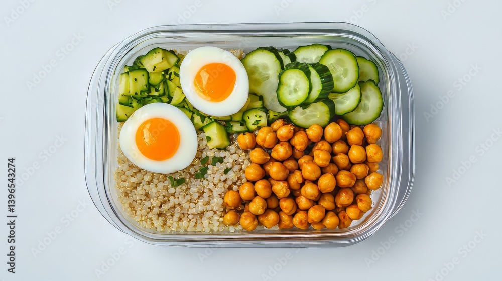 Healthy meal prep bowl with eggs, quinoa, chickpeas, zucchini, and cucumber on a bright white surface.