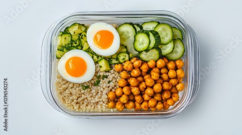 Obraz na płótnie Healthy meal prep bowl with eggs, quinoa, chickpeas, zucchini, and cucumber on a bright white surface. w salonie