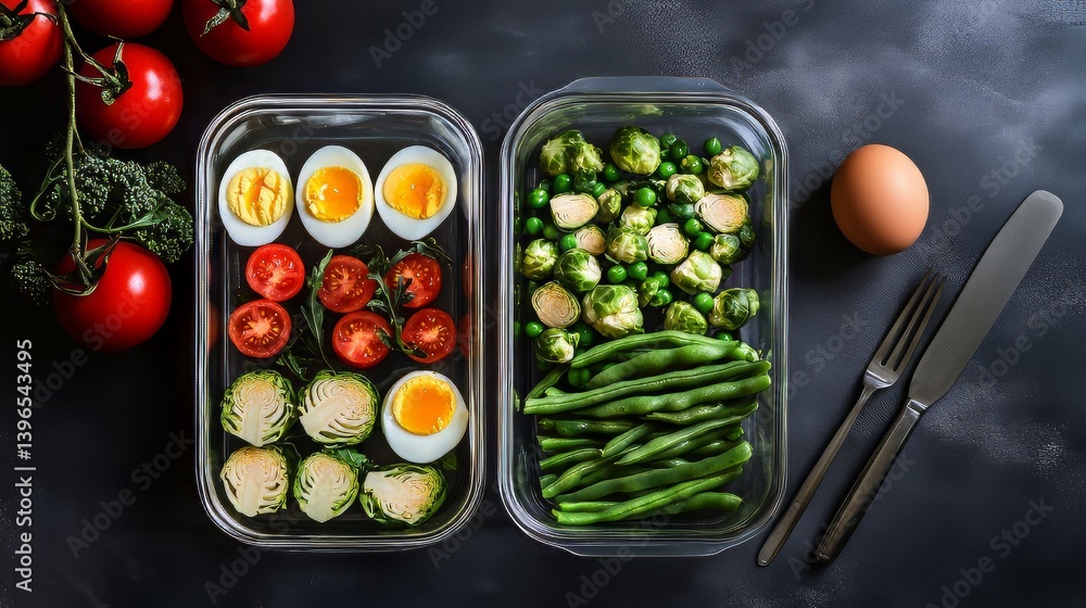 Healthy meal prep featuring hard-boiled eggs, fresh tomatoes, green beans, and Brussel sprouts for nutritious eating.