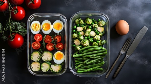 Obraz na płótnie Healthy meal prep featuring hard-boiled eggs, fresh tomatoes, green beans, and Brussel sprouts for nutritious eating. w salonie