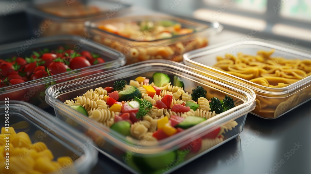 Prepared food: Assorted pasta dishes and vegetables in containers for easy meal prepping and organization.