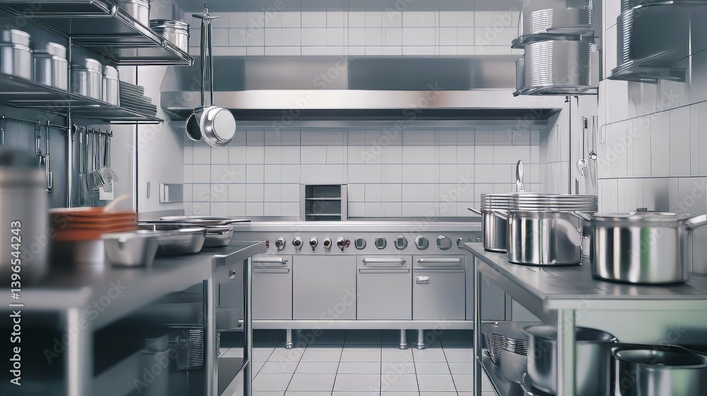 Stainless steel professional kitchen setting with industrial stove, work surfaces, and ample storage.