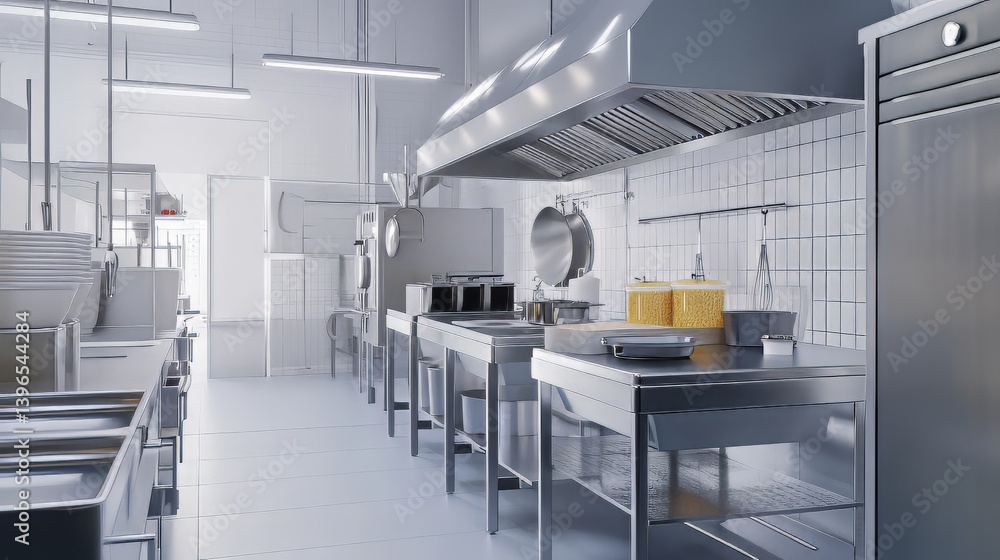 Commercial Kitchen: Stainless steel appliances and pristine white tiles create a professional culinary space.