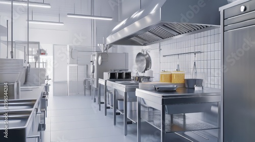 Obraz na płótnie Commercial Kitchen: Stainless steel appliances and pristine white tiles create a professional culinary space. w salonie
