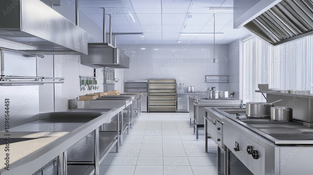 Commercial kitchen: Stainless steel surfaces, cooking equipment, and ventilation hoods in a restaurant setting.