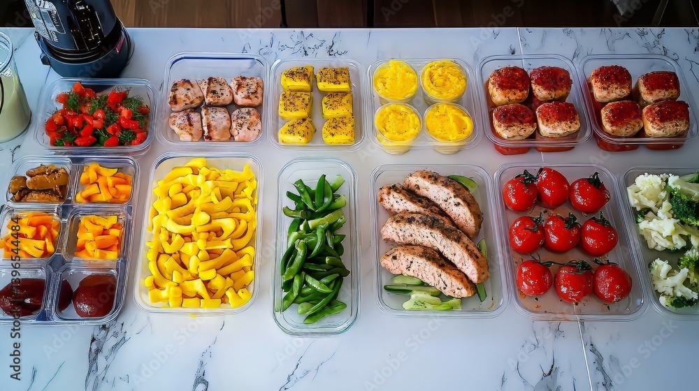 Colorful meal prep containers with protein, vegetables, sides for healthy eating on a light surface.